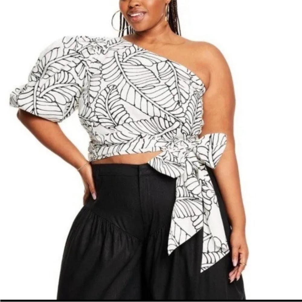 Fe Noel One-Shoulder White & Black Leaf Print Wrap Top